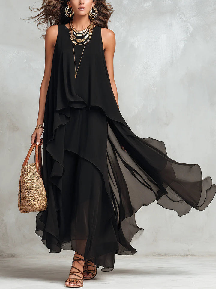 Esther™ | Elegant Flowing Black Maxi Dress with Light Layers