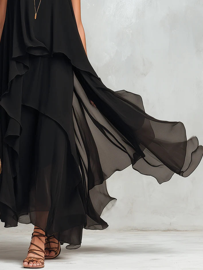 Esther™ | Elegant Flowing Black Maxi Dress with Light Layers