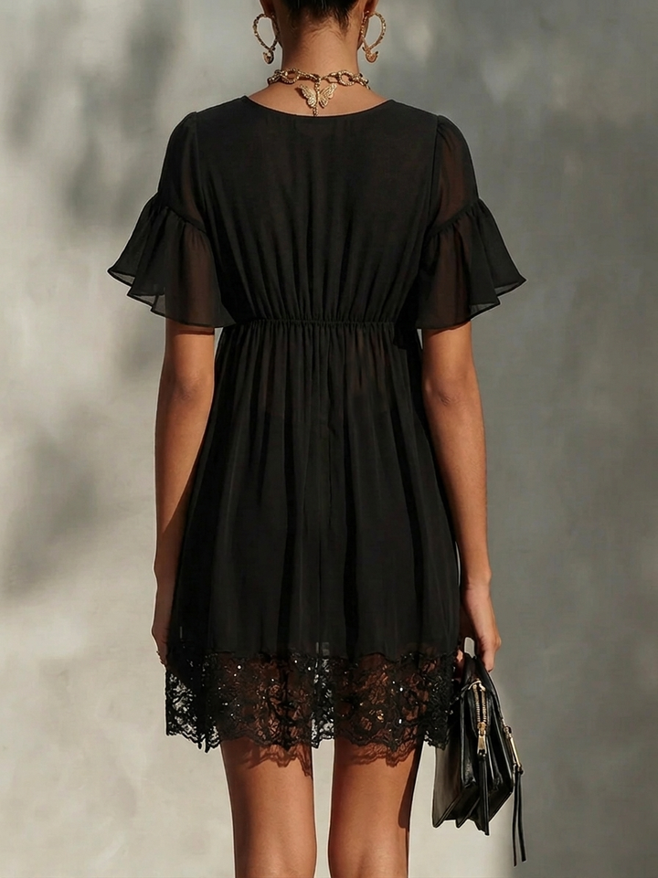 Nora™ | Elegant Short Dress with Gold Zip and Lace