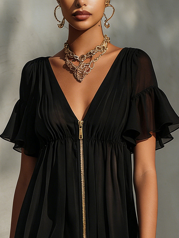 Nora™ | Elegant Short Dress with Gold Zip and Lace