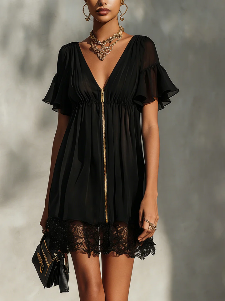 Nora™ | Elegant Short Dress with Gold Zip and Lace