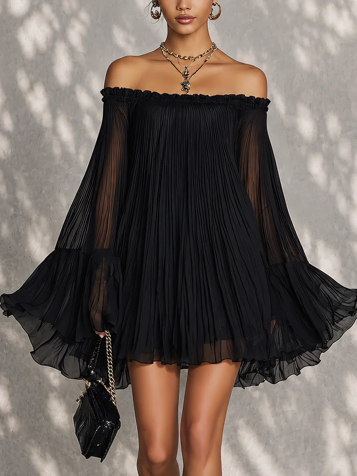 Marilyn™ | Black Pleated Dress with Bell Sleeves
