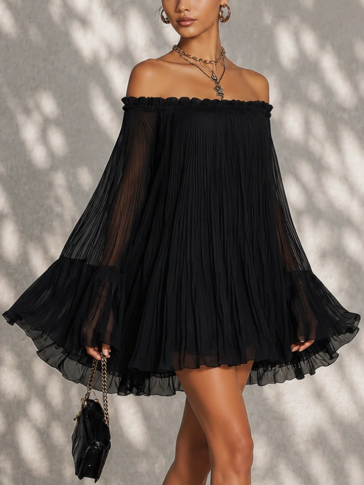 Marilyn™ | Black Pleated Dress with Bell Sleeves