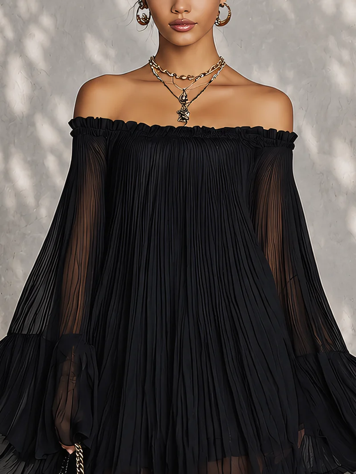 Marilyn™ | Black Pleated Dress with Bell Sleeves