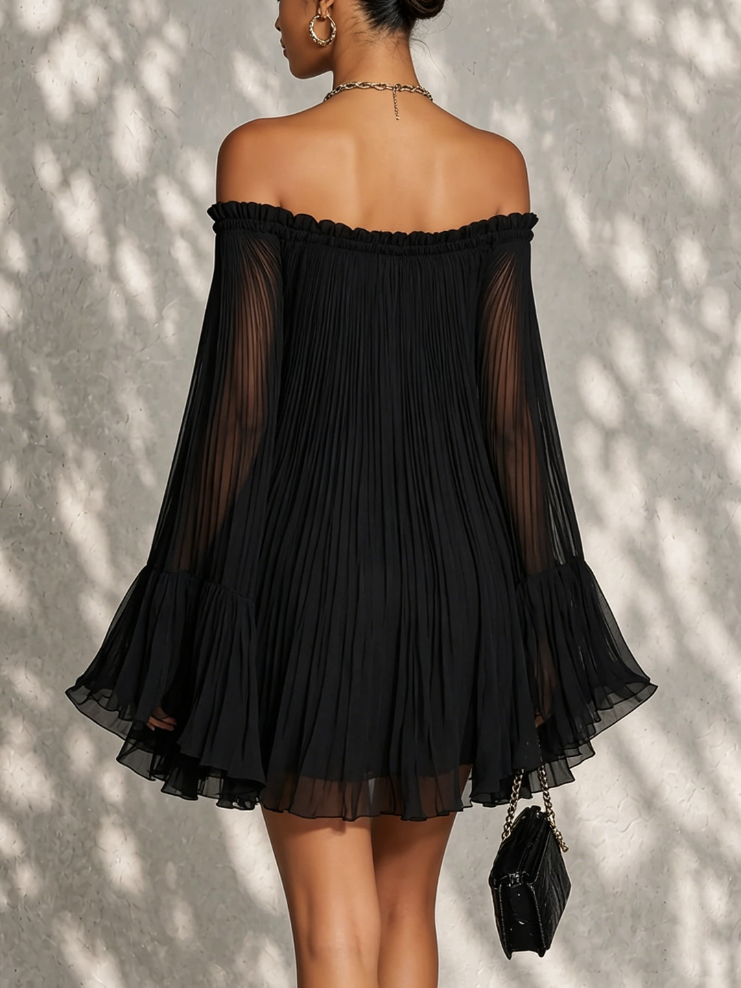 Marilyn™ | Black Pleated Dress with Bell Sleeves