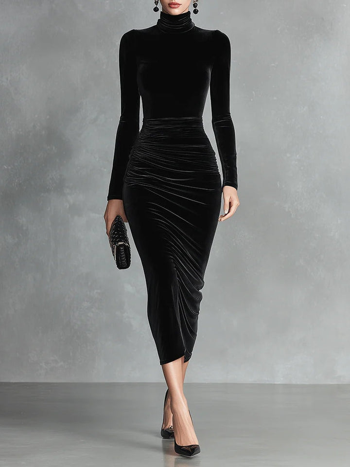 Kim™ | Black Velvet Midi Dress – Timeless Luxury