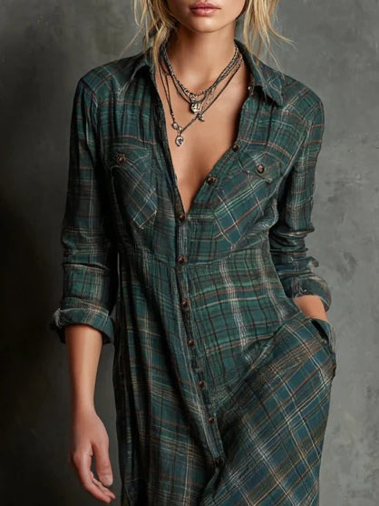 Kirsty™ | Long Checked Shirt Dress with Lapel Collar