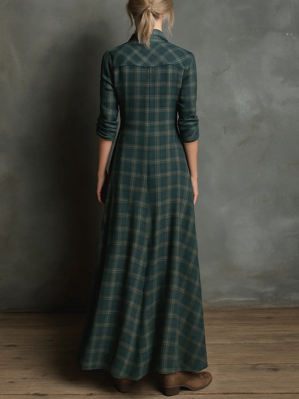 Kirsty™ | Long Checked Shirt Dress with Lapel Collar