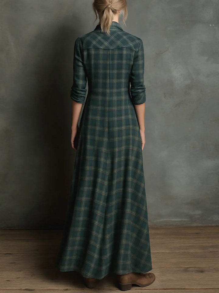 Kirsty™ | Long Checked Shirt Dress with Lapel Collar