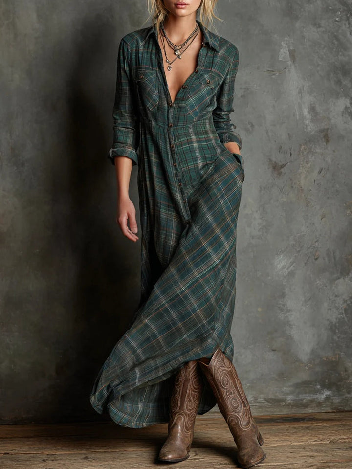 Kirsty™ | Long Checked Shirt Dress with Lapel Collar