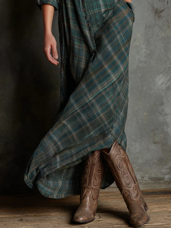 Kirsty™ | Long Checked Shirt Dress with Lapel Collar