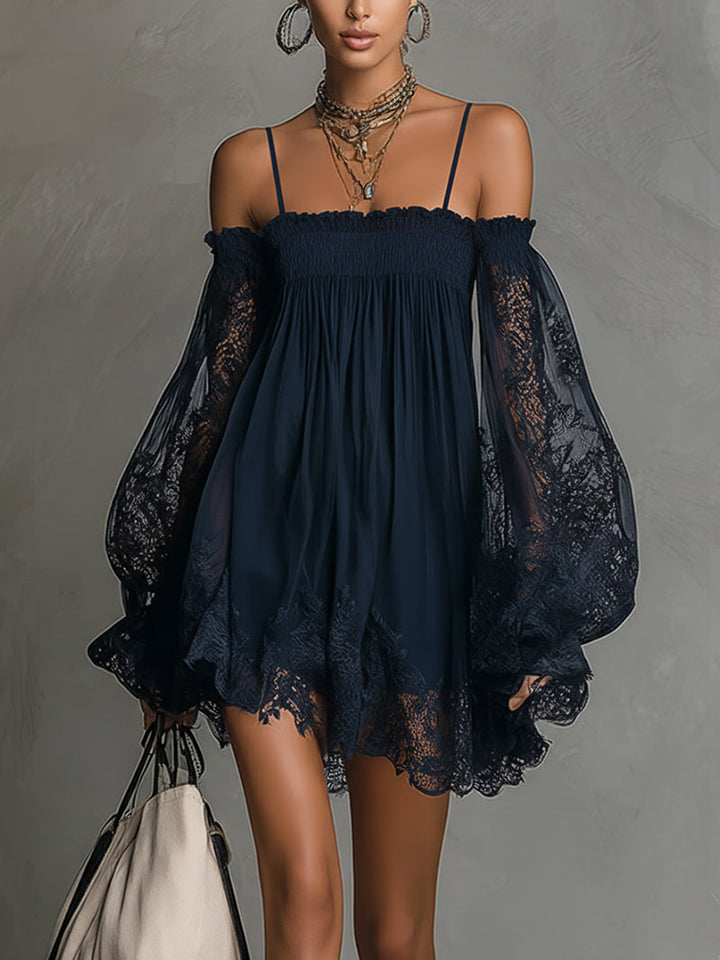 Angela™ | Flowing Short Dress with Lace Sleeves and Chic Bohemian Style