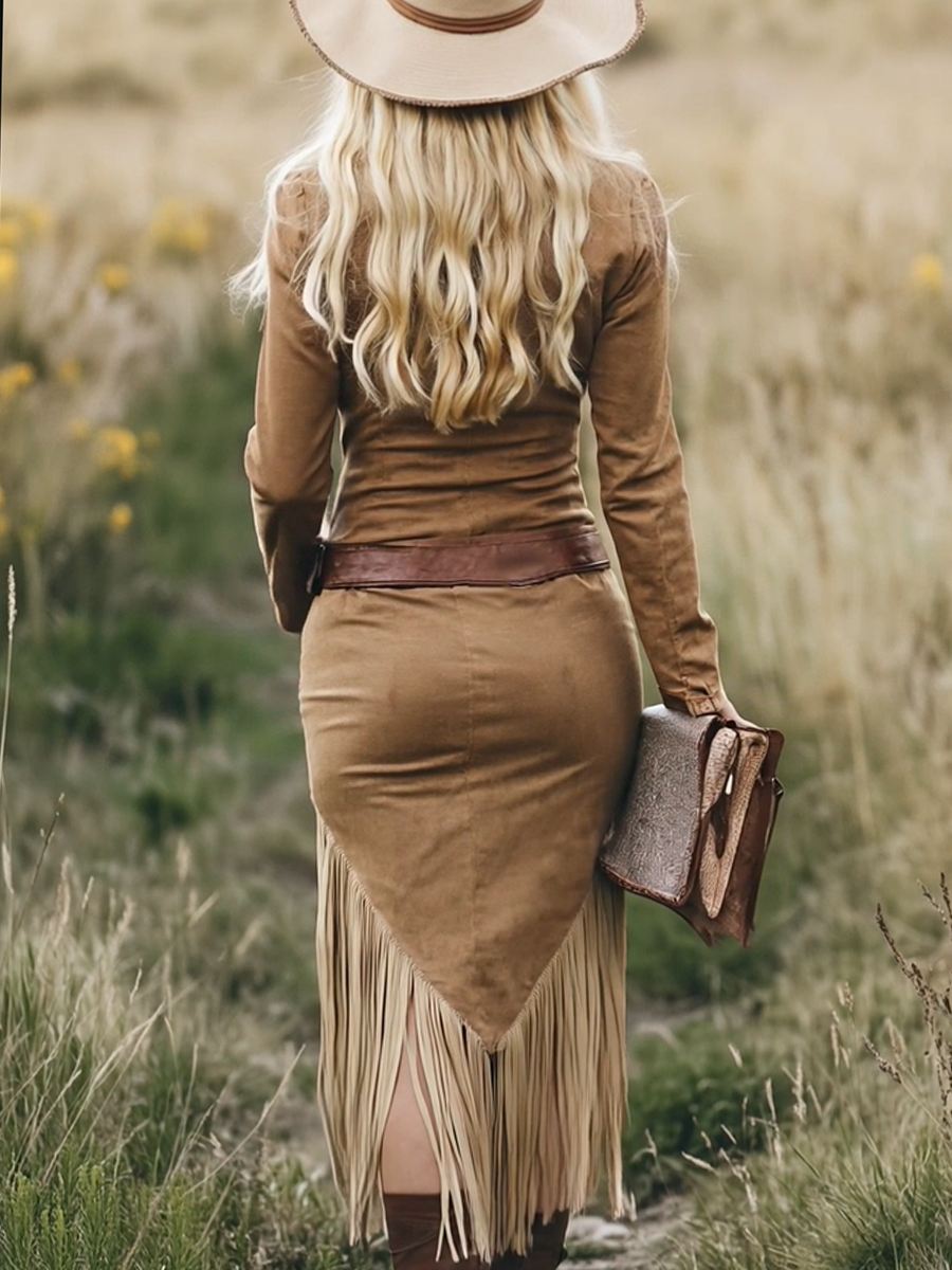 Elsie™ | Fringed Suede-Effect Western Dress – Bold and Elegant