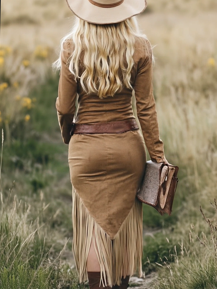 Elsie™ | Fringed Suede-Effect Western Dress – Bold and Elegant
