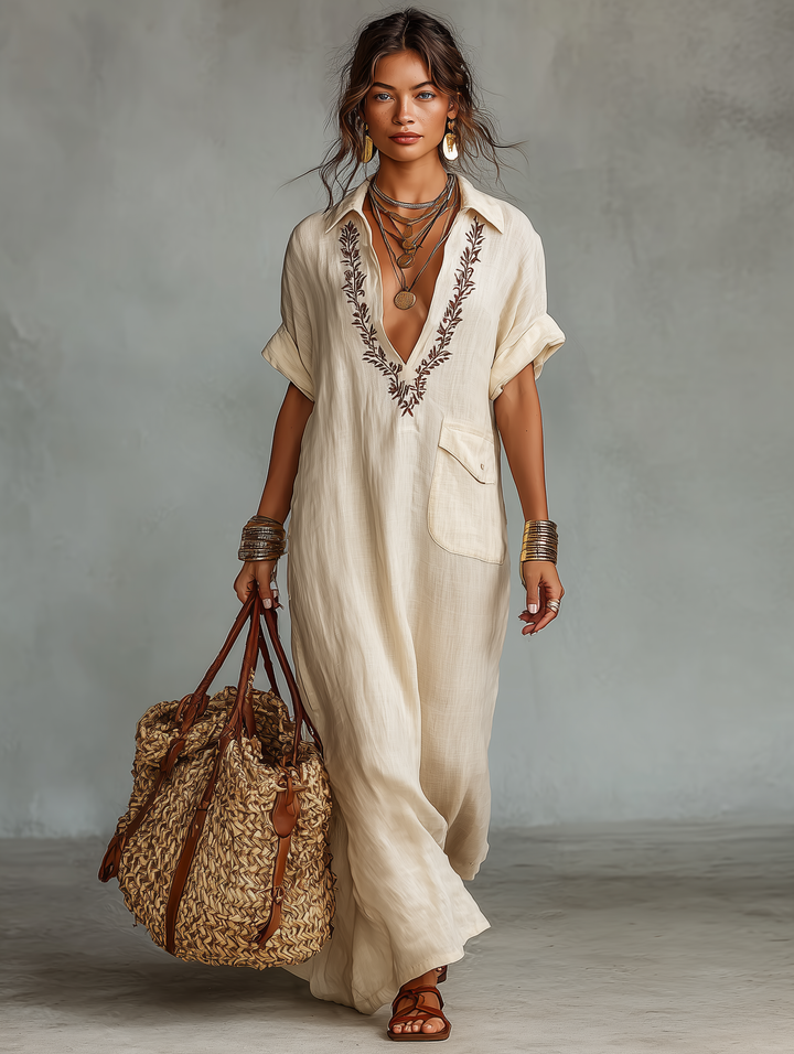 Leah™ | Elegant Bohemian Maxi Dress with Embroidery and Flowing Cut