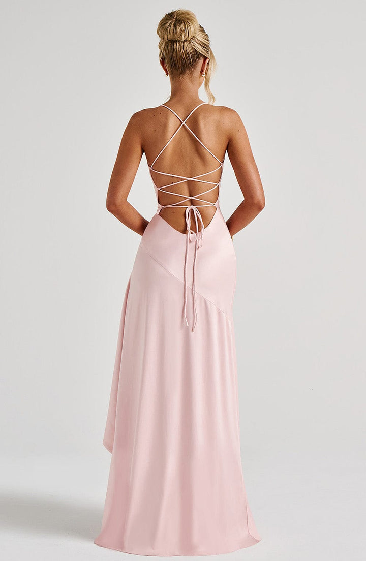 Nina™ | Satin Maxi Dress with Ruffle Detail and Slit