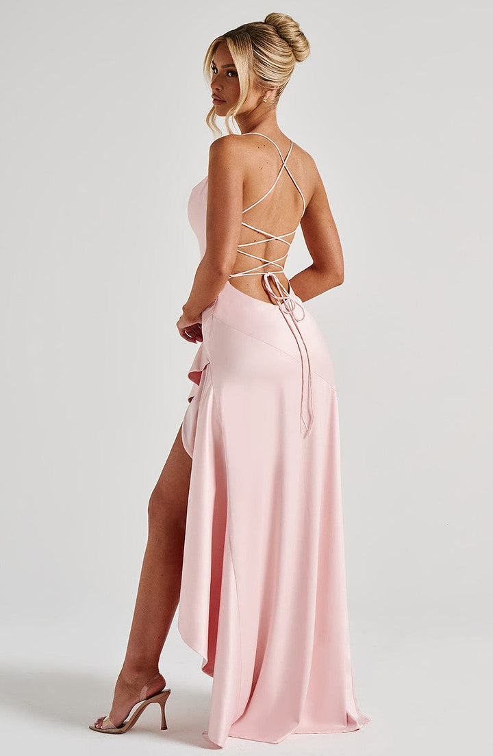 Nina™ | Satin Maxi Dress with Ruffle Detail and Slit