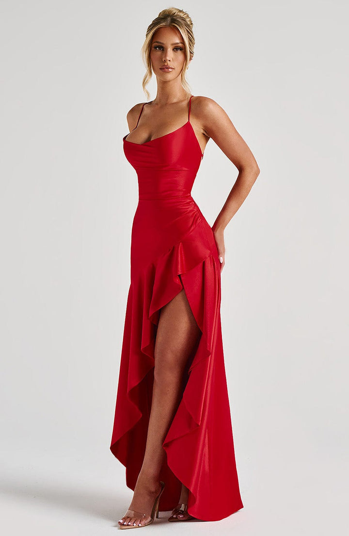 Nina™ | Satin Maxi Dress with Ruffle Detail and Slit