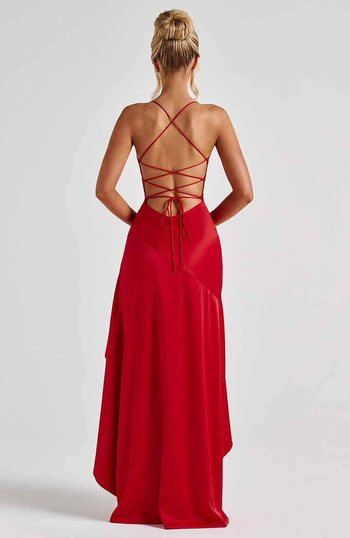 Nina™ | Satin Maxi Dress with Ruffle Detail and Slit