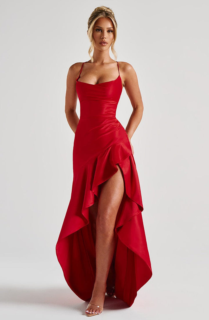 Nina™ | Satin Maxi Dress with Ruffle Detail and Slit