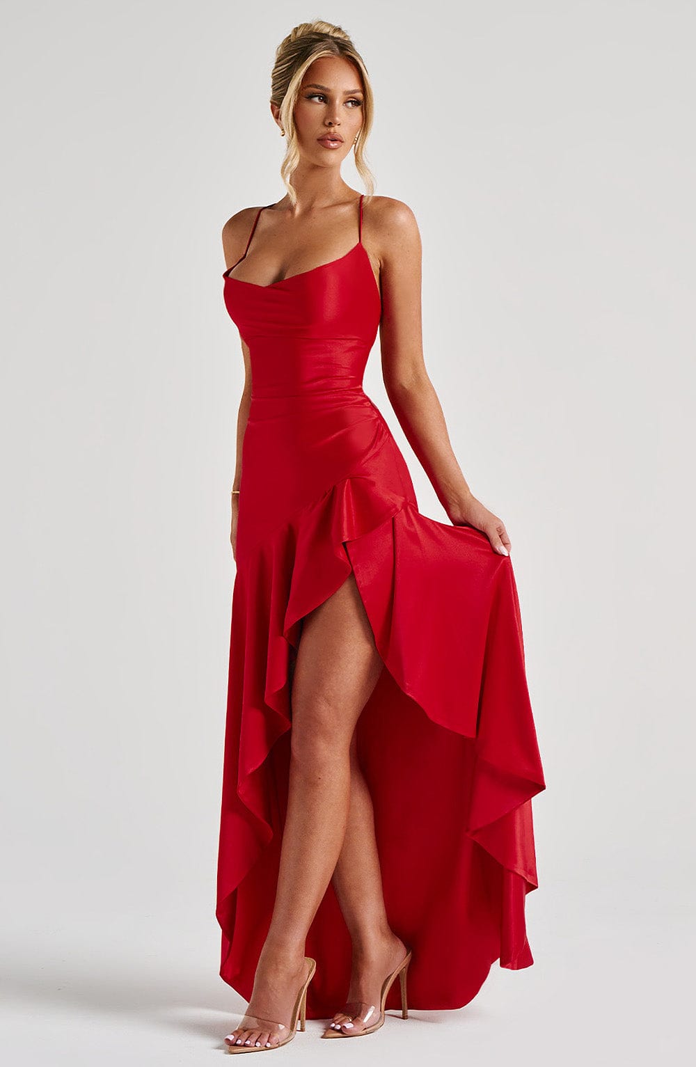Nina™ | Satin Maxi Dress with Ruffle Detail and Slit